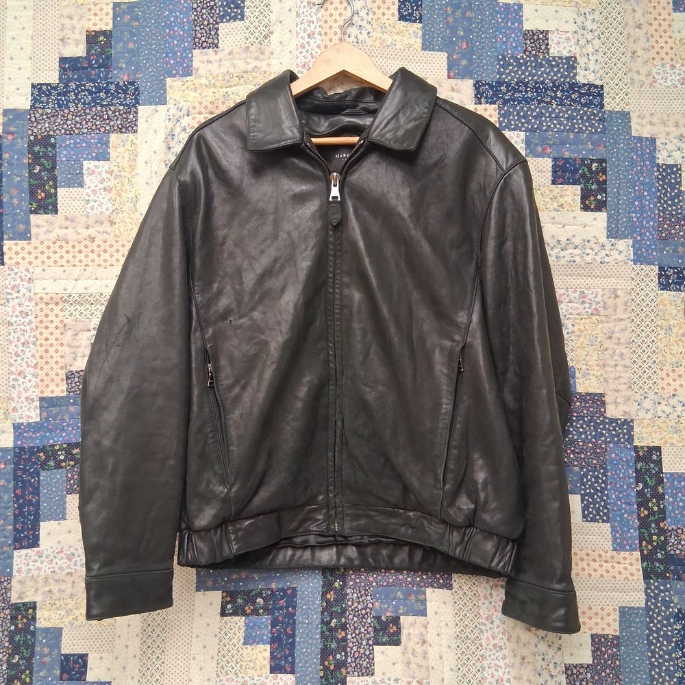 Andrew Mark New York Black Leather Bomber Jacket Mens Size Large Full Zip Pocket